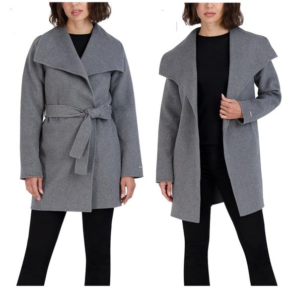 Tahari Womens Gray Wool Blend Wrap Coat Belted Tie Waist Long Sleeve Size Large - Picture 2 of 7